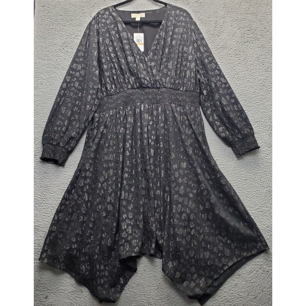 Michael Kors Maxi Dress Womens 3X Black Sparkly‎ Clip Jacquard Handkerchief-Hem